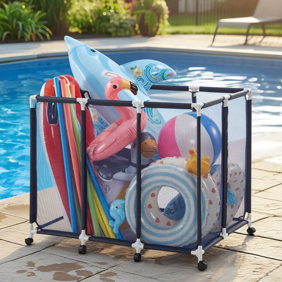 VEVOR Pool Storage Bin, 48 x 33 x 39 in, Rolling Pool Float Storage Organizer with Casters, Durable Plastic Frame, Poolside Toys Noodles Holder, Breathable Mesh Basket for Swimming Pools