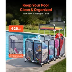VEVOR Pool Storage Bin, 36.8 x 24 x 35.6 in, Rolling Pool Float Storage Organizer with Side Pockets & Casters, Heavy Duty Metal Frame, Poolside Toys Noodles Holder Mesh Basket for Swimming Pools
