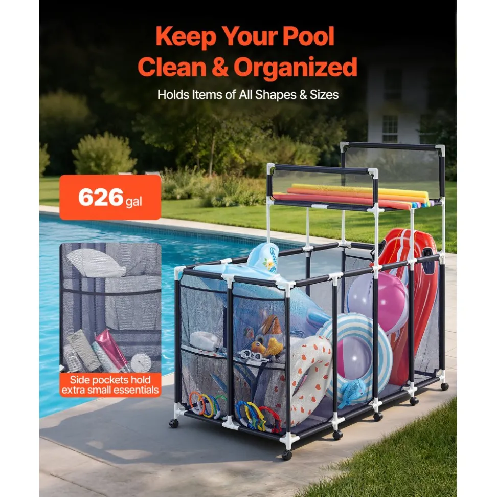 VEVOR Pool Storage Bin, 64.96 x 33.46 x 64.96 in, Rolling Pool Float Storage Organizer with Side Pockets & Noodles Holder Rack, Durable Plastic Frame, Poolside Toys Mesh Basket for Swimming Pools
