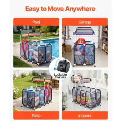 VEVOR Pool Storage Bin, 64.96 x 33.46 x 64.96 in, Rolling Pool Float Storage Organizer with Side Pockets & Noodles Holder Rack, Durable Plastic Frame, Poolside Toys Mesh Basket for Swimming Pools