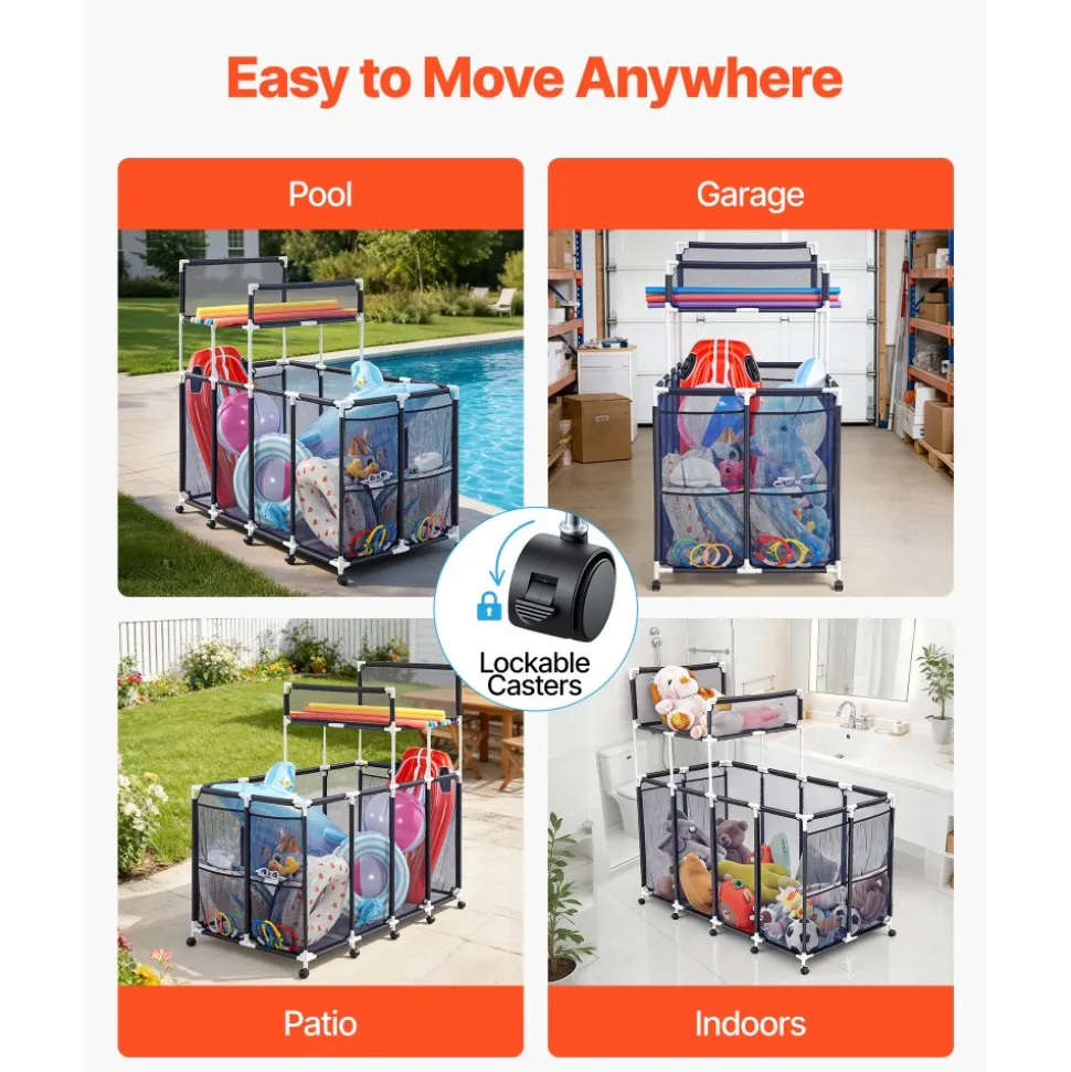 VEVOR Pool Storage Bin, 64.96 x 33.46 x 64.96 in, Rolling Pool Float Storage Organizer with Side Pockets & Noodles Holder Rack, Durable Plastic Frame, Poolside Toys Mesh Basket for Swimming Pools