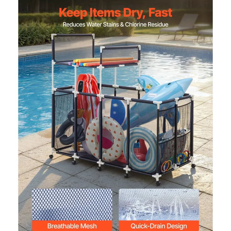 VEVOR Pool Storage Bin, 64.96 x 33.46 x 64.96 in, Rolling Pool Float Storage Organizer with Side Pockets & Noodles Holder Rack, Durable Plastic Frame, Poolside Toys Mesh Basket for Swimming Pools