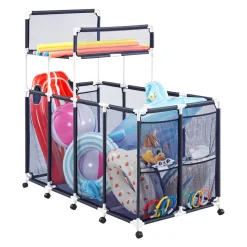 VEVOR Pool Storage Bin, 64.96 x 33.46 x 64.96 in, Rolling Pool Float Storage Organizer with Side Pockets & Noodles Holder Rack, Durable Plastic Frame, Poolside Toys Mesh Basket for Swimming Pools