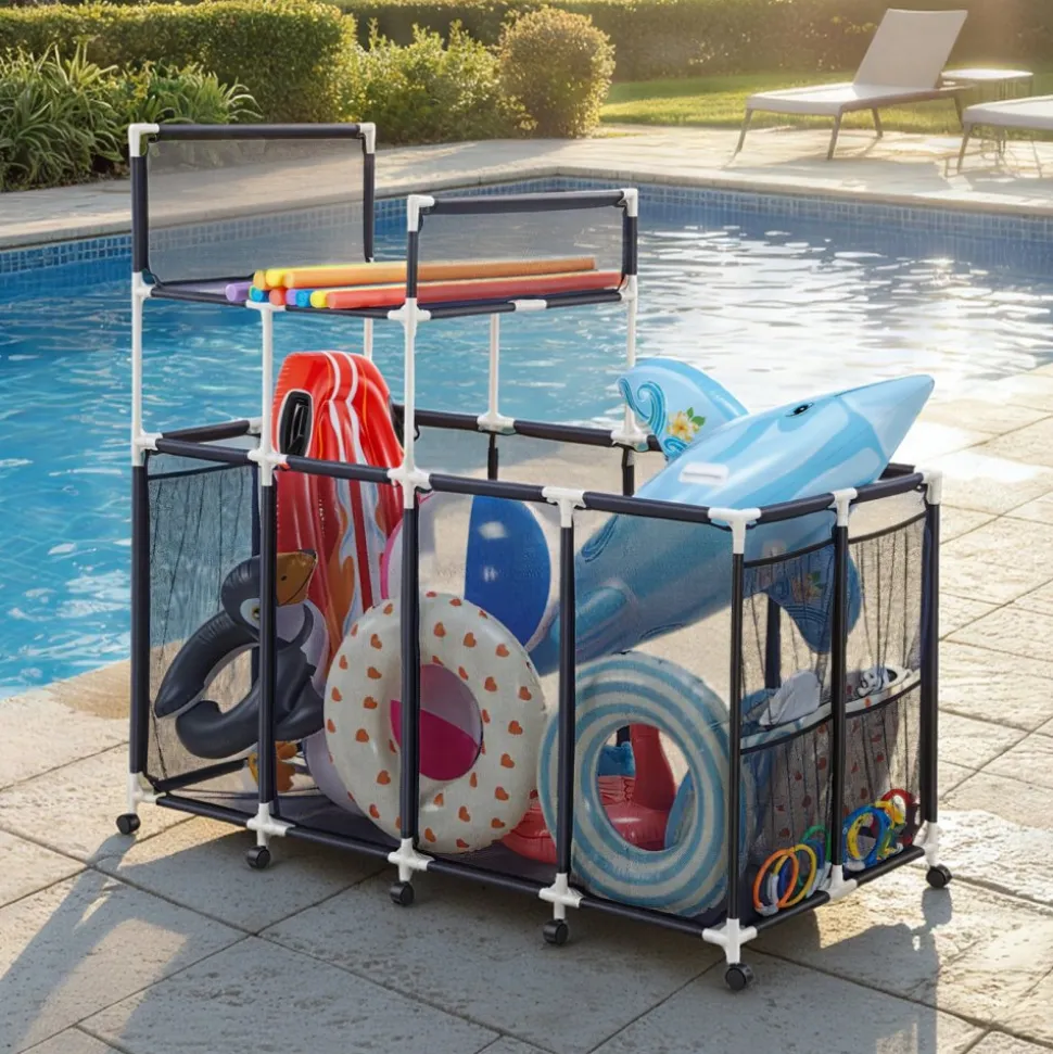VEVOR Pool Storage Bin, 64.96 x 33.46 x 64.96 in, Rolling Pool Float Storage Organizer with Side Pockets & Noodles Holder Rack, Durable Plastic Frame, Poolside Toys Mesh Basket for Swimming Pools