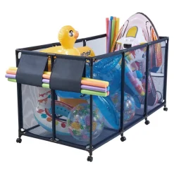 VEVOR Pool Storage Bin, 69 x 32 x 35 in, Rolling Pool Float Storage Organizer with Side Pockets & Noodles Holder, Durable Metal Frame, Poolside Toys Breathable Mesh Basket for Swimming Pools