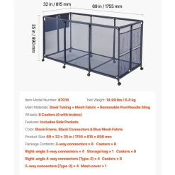 VEVOR Pool Storage Bin, 69 x 32 x 35 in, Rolling Pool Float Storage Organizer with Side Pockets & Noodles Holder, Durable Metal Frame, Poolside Toys Breathable Mesh Basket for Swimming Pools