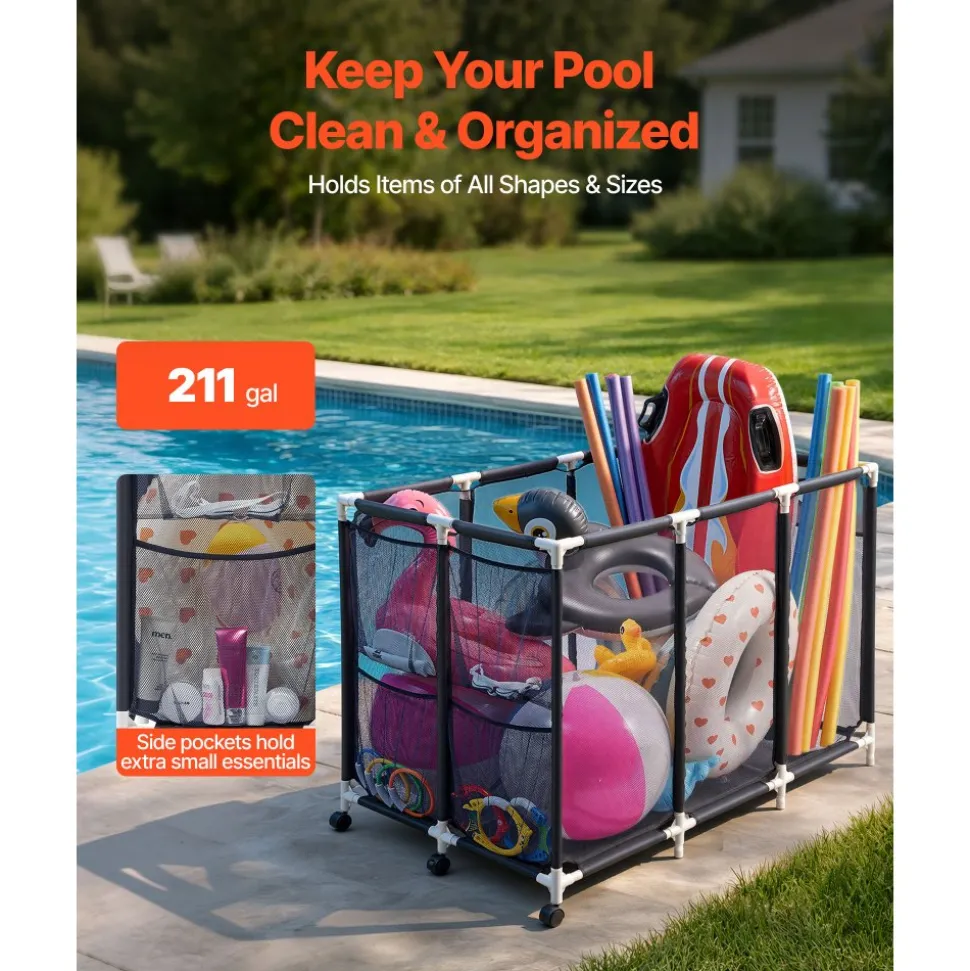 VEVOR Pool Storage Bin, 47.2 x 30.2 x 34 in, Rolling Pool Float Storage Organizer with Side Pockets & Casters, Heavy Duty Plastic Frame, Poolside Toys Noodles Holder Mesh Basket for Swimming Pools
