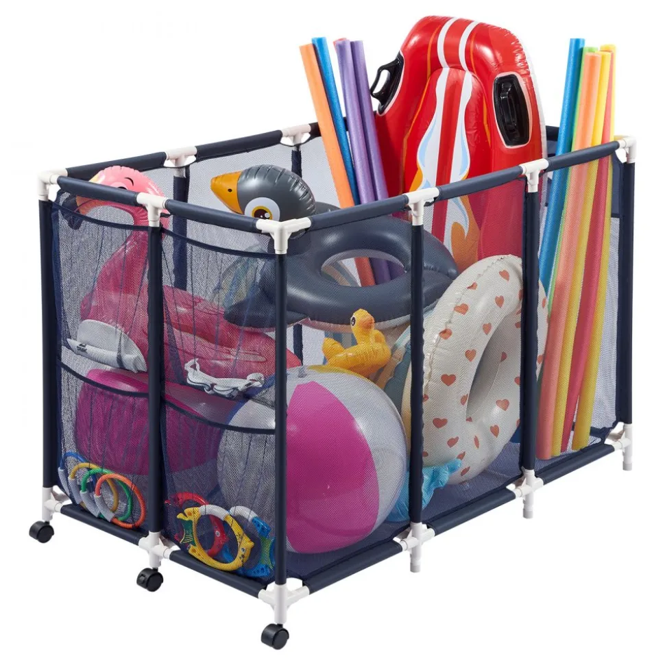 VEVOR Pool Storage Bin, 47.2 x 30.2 x 34 in, Rolling Pool Float Storage Organizer with Side Pockets & Casters, Heavy Duty Plastic Frame, Poolside Toys Noodles Holder Mesh Basket for Swimming Pools