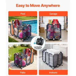VEVOR Pool Storage Bin, 47.2 x 30.2 x 34 in, Rolling Pool Float Storage Organizer with Side Pockets & Casters, Heavy Duty Plastic Frame, Poolside Toys Noodles Holder Mesh Basket for Swimming Pools