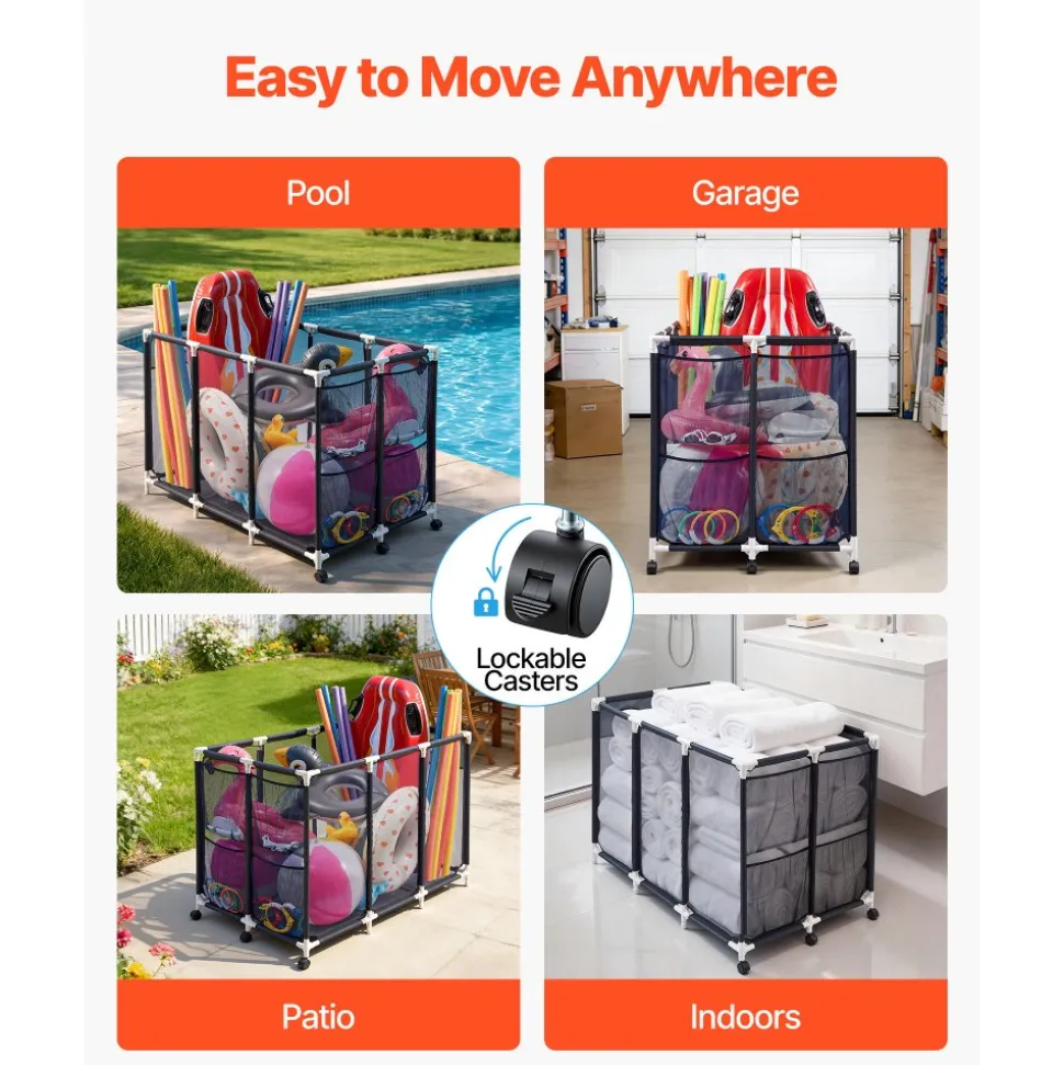 VEVOR Pool Storage Bin, 47.2 x 30.2 x 34 in, Rolling Pool Float Storage Organizer with Side Pockets & Casters, Heavy Duty Plastic Frame, Poolside Toys Noodles Holder Mesh Basket for Swimming Pools