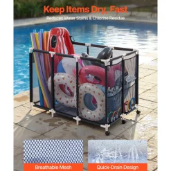 VEVOR Pool Storage Bin, 47.2 x 30.2 x 34 in, Rolling Pool Float Storage Organizer with Side Pockets & Casters, Heavy Duty Plastic Frame, Poolside Toys Noodles Holder Mesh Basket for Swimming Pools