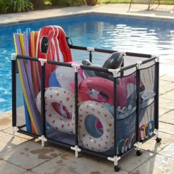 VEVOR Pool Storage Bin, 47.2 x 30.2 x 34 in, Rolling Pool Float Storage Organizer with Side Pockets & Casters, Heavy Duty Plastic Frame, Poolside Toys Noodles Holder Mesh Basket for Swimming Pools