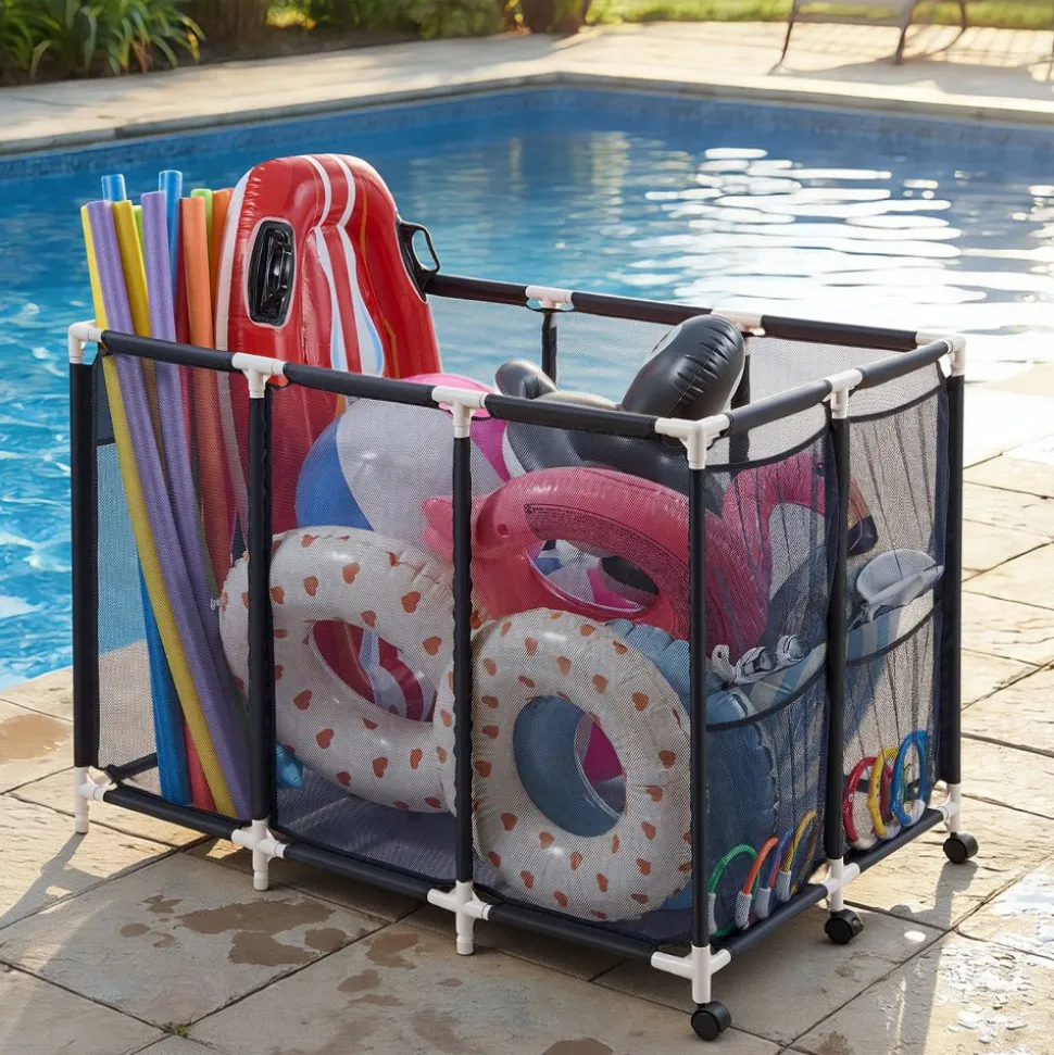 VEVOR Pool Storage Bin, 47.2 x 30.2 x 34 in, Rolling Pool Float Storage Organizer with Side Pockets & Casters, Heavy Duty Plastic Frame, Poolside Toys Noodles Holder Mesh Basket for Swimming Pools