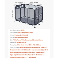 VEVOR Pool Storage Bin, 47.2 x 30.2 x 34 in, Rolling Pool Float Storage Organizer with Side Pockets & Casters, Heavy Duty Plastic Frame, Poolside Toys Noodles Holder Mesh Basket for Swimming Pools