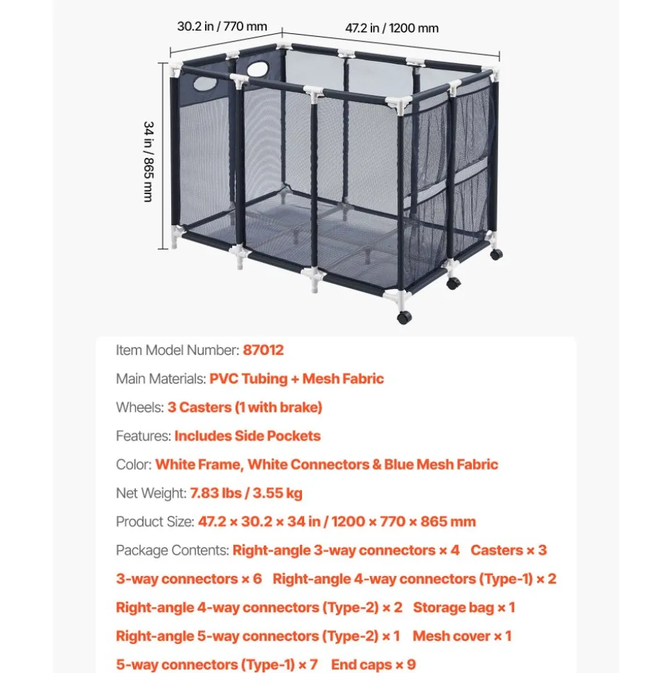 VEVOR Pool Storage Bin, 47.2 x 30.2 x 34 in, Rolling Pool Float Storage Organizer with Side Pockets & Casters, Heavy Duty Plastic Frame, Poolside Toys Noodles Holder Mesh Basket for Swimming Pools