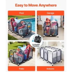 VEVOR Pool Storage Bin, 62.6 x 32 x 36 in, Rolling Pool Float Storage Organizer with Side Pockets & Casters, Durable Plastic Frame, Poolside Toys Noodles Holder Mesh Basket for Swimming Pools