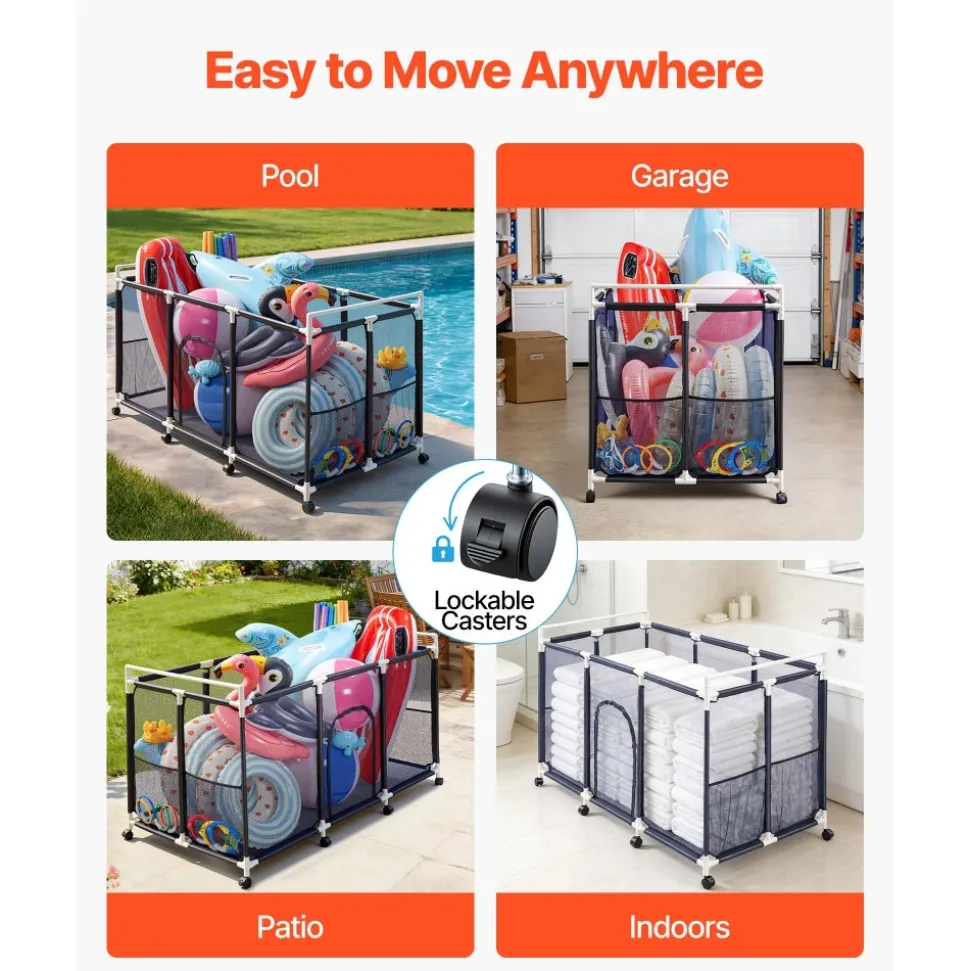 VEVOR Pool Storage Bin, 62.6 x 32 x 36 in, Rolling Pool Float Storage Organizer with Side Pockets & Casters, Durable Plastic Frame, Poolside Toys Noodles Holder Mesh Basket for Swimming Pools