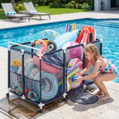 VEVOR Pool Storage Bin, 62.6 x 32 x 36 in, Rolling Pool Float Storage Organizer with Side Pockets & Casters, Durable Plastic Frame, Poolside Toys Noodles Holder Mesh Basket for Swimming Pools