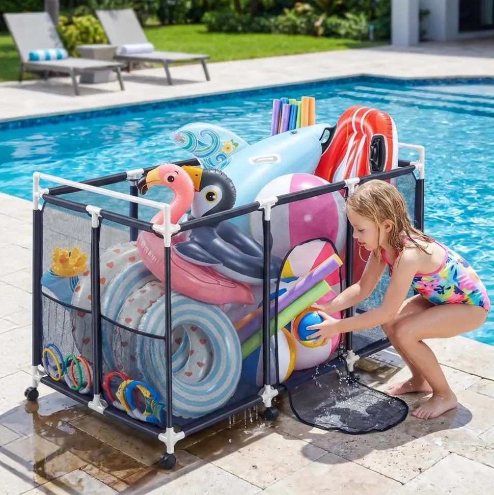 VEVOR Pool Storage Bin, 62.6 x 32 x 36 in, Rolling Pool Float Storage Organizer with Side Pockets & Casters, Durable Plastic Frame, Poolside Toys Noodles Holder Mesh Basket for Swimming Pools