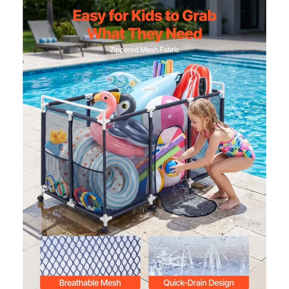 VEVOR Pool Storage Bin, 62.6 x 32 x 36 in, Rolling Pool Float Storage Organizer with Side Pockets & Casters, Durable Plastic Frame, Poolside Toys Noodles Holder Mesh Basket for Swimming Pools