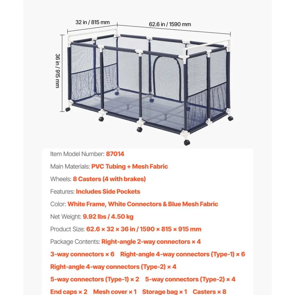 VEVOR Pool Storage Bin, 62.6 x 32 x 36 in, Rolling Pool Float Storage Organizer with Side Pockets & Casters, Durable Plastic Frame, Poolside Toys Noodles Holder Mesh Basket for Swimming Pools