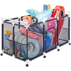 VEVOR Pool Storage Bin, 62.6 x 32 x 36 in, Rolling Pool Float Storage Organizer with Side Pockets & Casters, Durable Plastic Frame, Poolside Toys Noodles Holder Mesh Basket for Swimming Pools