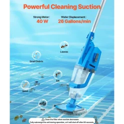 VEVOR Pool Vacuum, 26 GPM Handheld Cordless Hot Tub Vacuum with Extension Pole, for Deep Cleaning & Strong Suction, Rechargeable Pool Cleaner, Running up to 1Hour, for Above Ground/Inground Pool Spas