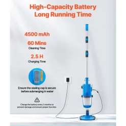VEVOR Pool Vacuum, 26 GPM Handheld Cordless Hot Tub Vacuum with Extension Pole, for Deep Cleaning & Strong Suction, Rechargeable Pool Cleaner, Running up to 1Hour, for Above Ground/Inground Pool Spas