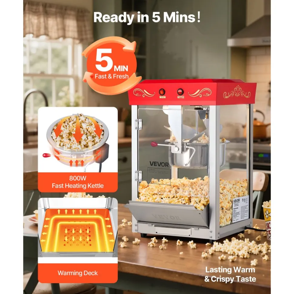 VEVOR Popcorn Machine, 8oz Stainless Steel Kettle, 800W Commercial Countertop Popcorn Maker, 48 Cups per Batch Theater Style Popper, with 2-Button Control Glass Wall PC Door 1 Scoop 3 Spoons, Red