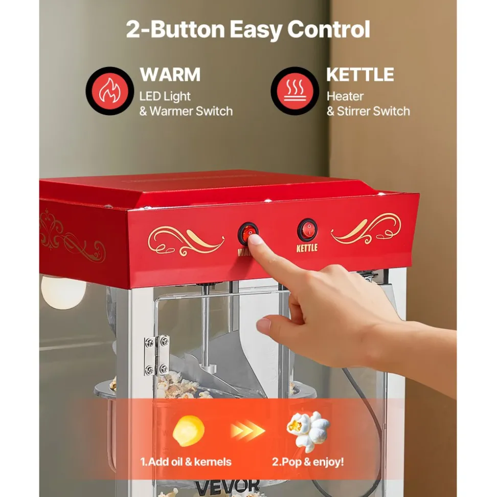 VEVOR Popcorn Machine, 8oz Stainless Steel Kettle, 800W Commercial Countertop Popcorn Maker, 48 Cups per Batch Theater Style Popper, with 2-Button Control Glass Wall PC Door 1 Scoop 3 Spoons, Red
