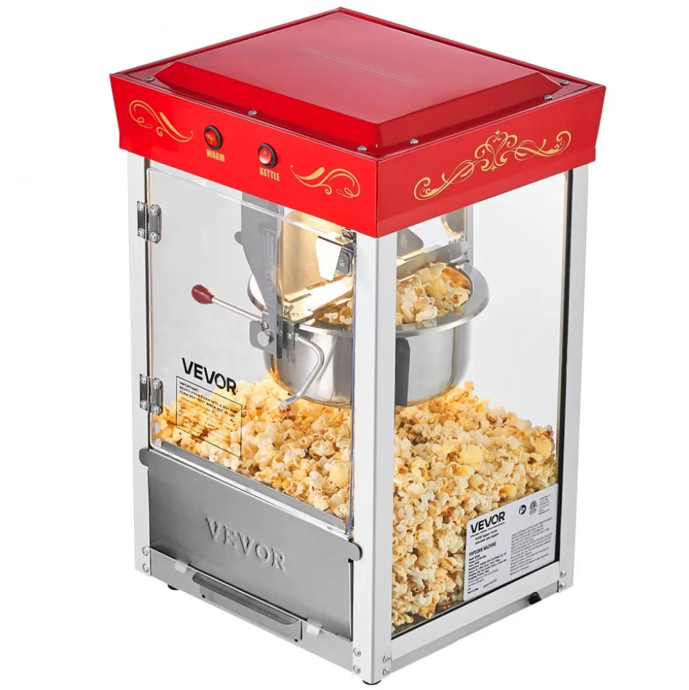 VEVOR Popcorn Machine, 8oz Stainless Steel Kettle, 800W Commercial Countertop Popcorn Maker, 48 Cups per Batch Theater Style Popper, with 2-Button Control Glass Wall PC Door 1 Scoop 3 Spoons, Red