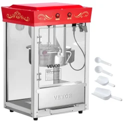 VEVOR Popcorn Machine, 8oz Stainless Steel Kettle, 800W Commercial Countertop Popcorn Maker, 48 Cups per Batch Theater Style Popper, with 2-Button Control Glass Wall PC Door 1 Scoop 3 Spoons, Red