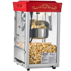 VEVOR Popcorn Machine, 8oz Stainless Steel Kettle, 800W Commercial Countertop Popcorn Maker, 48 Cups per Batch Theater Style Popper, with 2-Button Control Glass Wall PC Door 1 Scoop 3 Spoons, Red