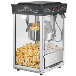 VEVOR Popcorn Machine, 8oz Stainless Steel Kettle, 800W Commercial Countertop Popcorn Maker, 48 Cups per Batch Theater Style Popper, with 2-Button Control Glass Wall PC Door 1 Scoop 3 Spoons, Black