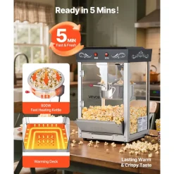 VEVOR Popcorn Machine, 8oz Stainless Steel Kettle, 800W Commercial Countertop Popcorn Maker, 48 Cups per Batch Theater Style Popper, with 2-Button Control Glass Wall PC Door 1 Scoop 3 Spoons, Black