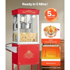 VEVOR Popcorn Machine with Cart, 8oz Stainless Steel Kettle, 800W Commercial Popcorn Maker, 48 Cups per Batch Theater Style Popper, with 2-Button Control Glass Wall PC Door 1 Scoop 3 Spoons, Red