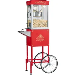 VEVOR Popcorn Machine with Cart, 8oz Stainless Steel Kettle, 800W Commercial Popcorn Maker, 48 Cups per Batch Theater Style Popper, with 2-Button Control Glass Wall PC Door 1 Scoop 3 Spoons, Red