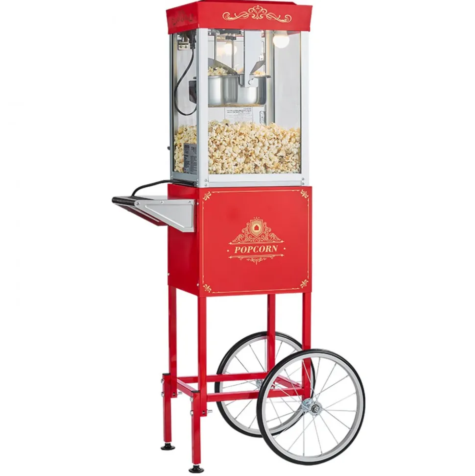 VEVOR Popcorn Machine with Cart, 8oz Stainless Steel Kettle, 800W Commercial Popcorn Maker, 48 Cups per Batch Theater Style Popper, with 2-Button Control Glass Wall PC Door 1 Scoop 3 Spoons, Red