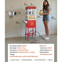 VEVOR Popcorn Machine with Cart, 8oz Stainless Steel Kettle, 800W Commercial Popcorn Maker, 48 Cups per Batch Theater Style Popper, with 2-Button Control Glass Wall PC Door 1 Scoop 3 Spoons, Red