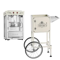 VEVOR Popcorn Machine with Cart, 8oz Stainless Steel Kettle, 800W Commercial Popcorn Maker, 48 Cups per Batch Theater Style Popper, with 2-Button Control Glass Wall PC Door 1 Scoop 3 Spoons, Black