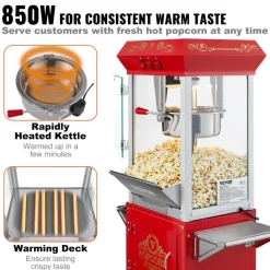 VEVOR Popcorn Maker with Cart, 850W Popcorn Popper Machine, 8 Oz Kettle Makes 48 Cups per Batch, Popcorn Maker Equipped with Tempered Glass, Includes 4 Scoops, Movie Theater Style, Red
