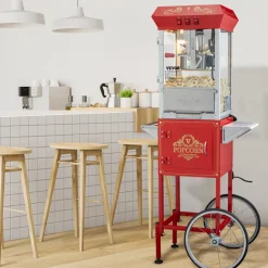 VEVOR Popcorn Maker with Cart, 850W Popcorn Popper Machine, 8 Oz Kettle Makes 48 Cups per Batch, Popcorn Maker Equipped with Tempered Glass, Includes 4 Scoops, Movie Theater Style, Red