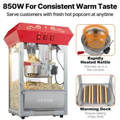 VEVOR Popcorn Maker, 850W Popcorn Popper Machine, 8 Oz Kettle Makes 48 Cups per Batch, Countertop Popcorn Maker with Tempered Glass, Includes 4 Scoops, Movie Theater Style, Red