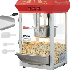 VEVOR Popcorn Maker, 850W Popcorn Popper Machine, 8 Oz Kettle Makes 48 Cups per Batch, Countertop Popcorn Maker with Tempered Glass, Includes 4 Scoops, Movie Theater Style, Red