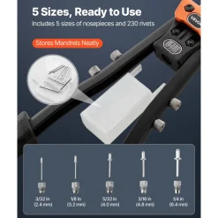 VEVOR Pop Rivet Gun Kit, with 230 Blind Rivets, Two-Handed Riveter with 5 Interchangeable Nosepieces, 5 Drill Bits, and a Carrying Case, Manual Riveting Tool for Metal, Automotive, Home, and DIY