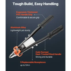 VEVOR Pop Rivet Gun Kit, with 230 Blind Rivets, Two-Handed Riveter with 5 Interchangeable Nosepieces, 5 Drill Bits, and a Carrying Case, Manual Riveting Tool for Metal, Automotive, Home, and DIY