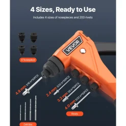VEVOR Pop Rivet Gun Kit, with 200 Blind Rivets, Heavy Duty Single Hand Riveter with 4 Interchangeable Nosepieces, 4 Drill Bits, and a Carrying Case, Manual Riveting Tool for Metal, Automotive, Home