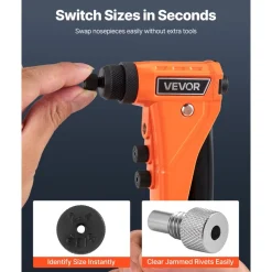 VEVOR Pop Rivet Gun Kit, with 200 Blind Rivets, Heavy Duty Single Hand Riveter with 4 Interchangeable Nosepieces, 4 Drill Bits, and a Carrying Case, Manual Riveting Tool for Metal, Automotive, Home