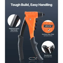VEVOR Pop Rivet Gun Kit, with 200 Blind Rivets, Heavy Duty Single Hand Riveter with 4 Interchangeable Nosepieces, 4 Drill Bits, and a Carrying Case, Manual Riveting Tool for Metal, Automotive, Home