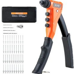 VEVOR Pop Rivet Gun Kit, with 200 Blind Rivets, Heavy Duty Single Hand Riveter with 4 Interchangeable Nosepieces, 4 Drill Bits, and a Carrying Case, Manual Riveting Tool for Metal, Automotive, Home